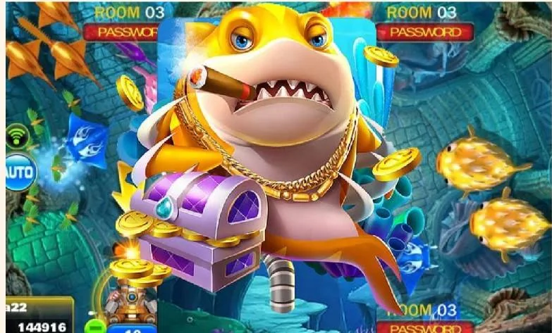 Tampilan meriam dan sasaran ikan bergerak dalam permainan arcade bawah laut